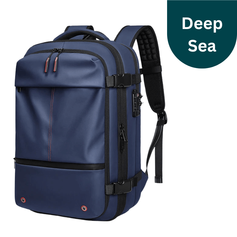 Blue backpack with black straps on a white background, labeled 'Deep Sea'.