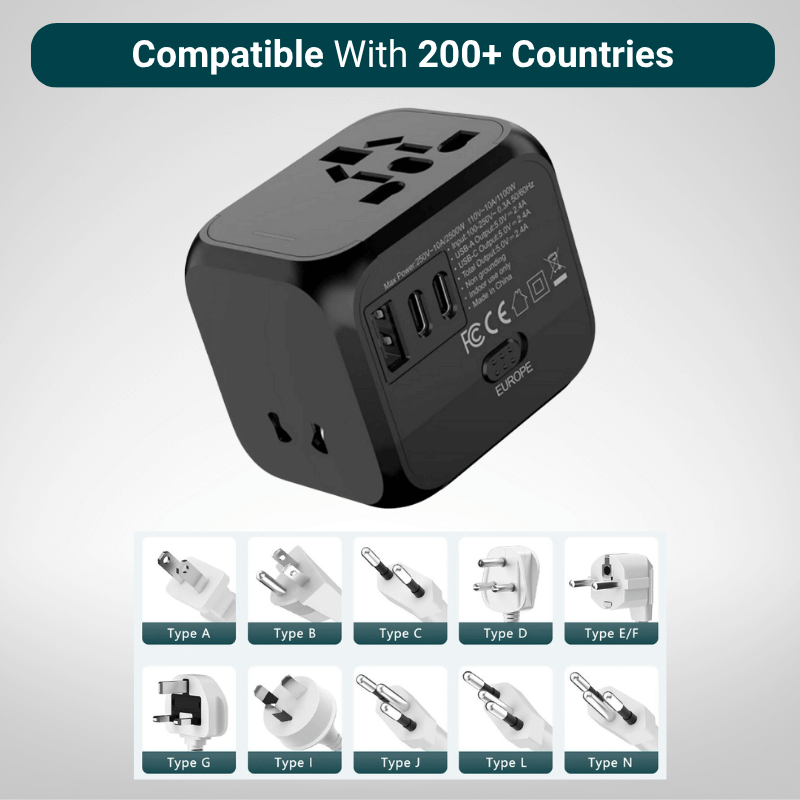 Black universal travel adapter with multiple plug types compatibility on a gray background