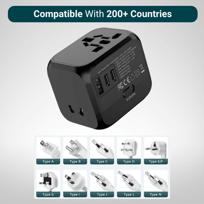Black universal travel adapter with multiple plug types compatibility on a gray background