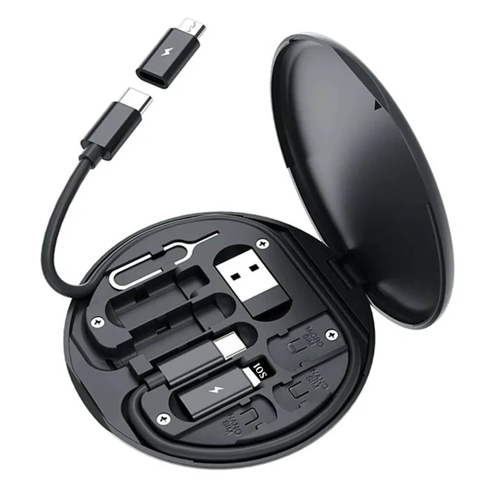 Black travel adapter set with USB cables and connectors on a white background