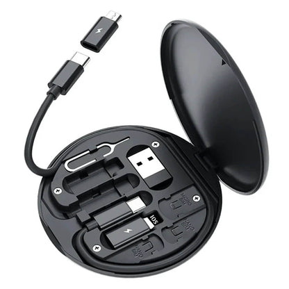 Black travel adapter set with USB cables and connectors on a white background