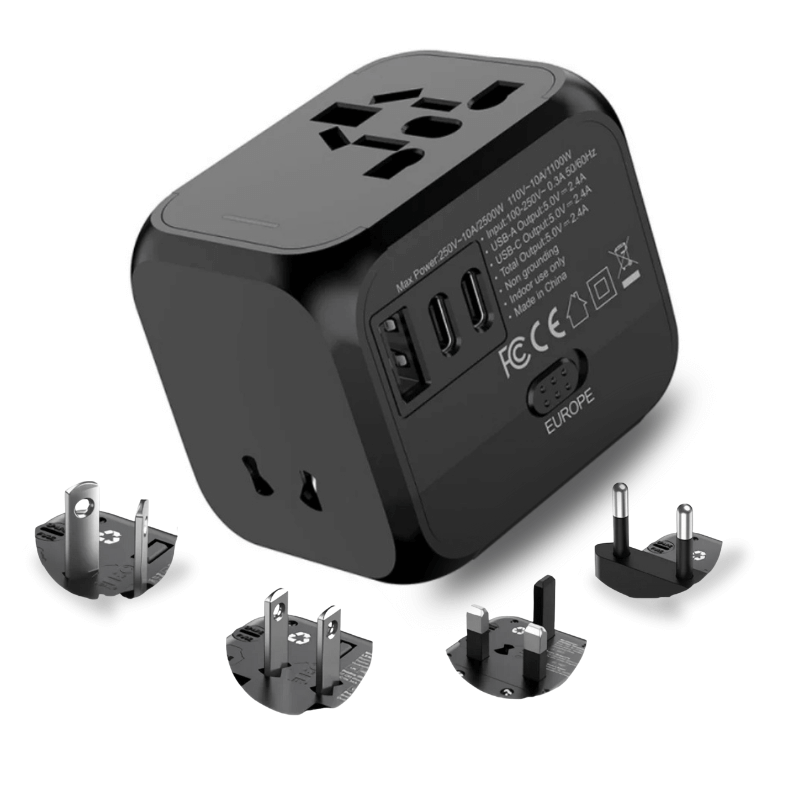 Black universal travel adapter with multiple plug tips on a white background