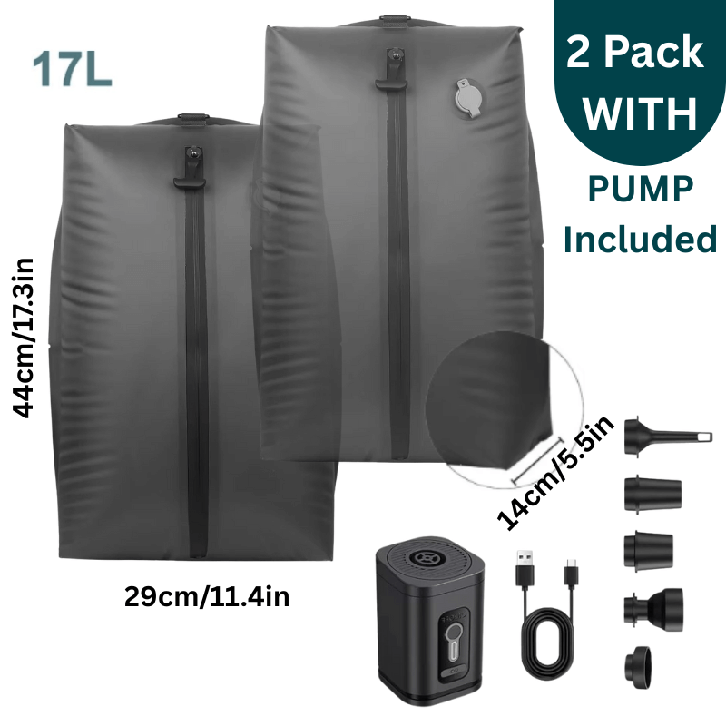 Two black inflatable bags with pump included on a white background