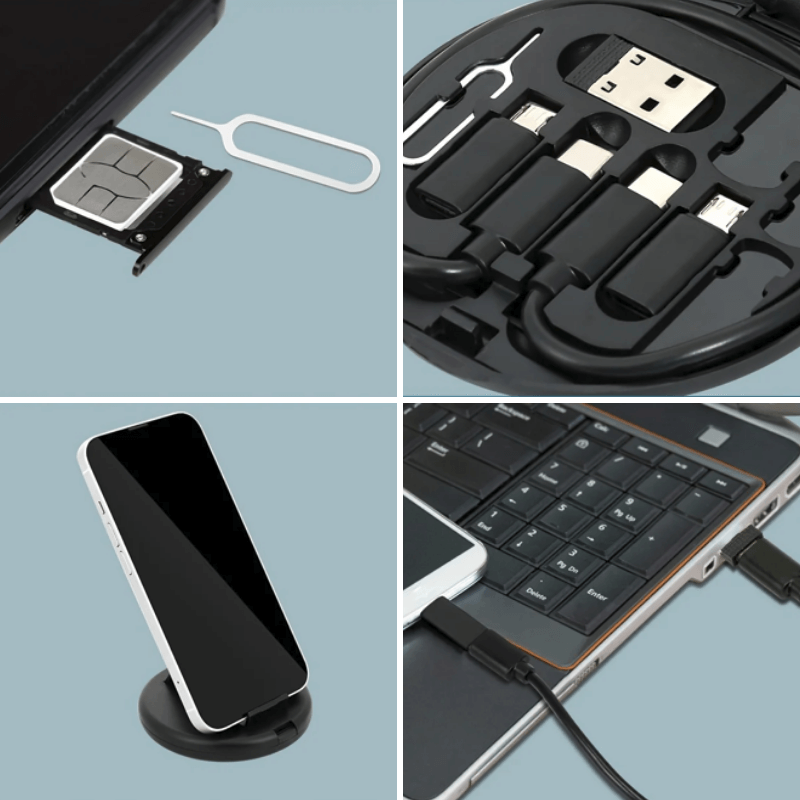 Set of electronic tools including a SIM card tray, USB drive, smartphone, and laptop on a light blue background.