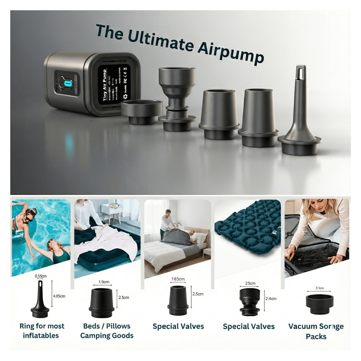 Air pump with various nozzles and attachments on a gray background