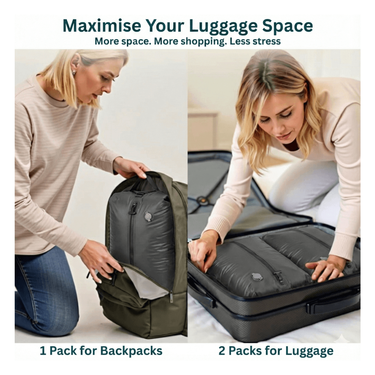 Woman using a travel packing cube with text 'Maximise Your Luggage Space' and product images.