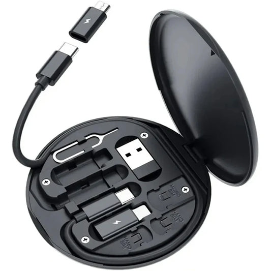 Black multi-device charging cable set with connectors on a white background