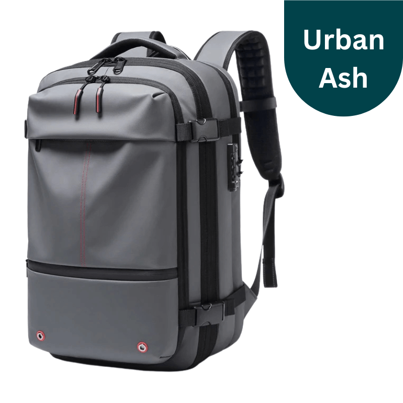 Gray backpack with black straps on a white background, labeled 'Urban Ash'.