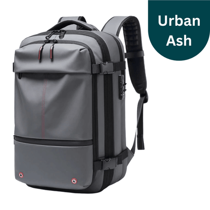 Gray backpack with black straps on a white background, labeled 'Urban Ash'.
