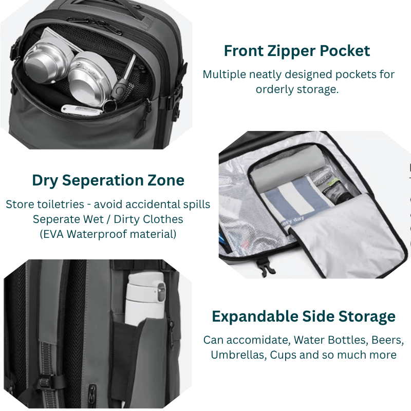 Backpack with front zipper pocket, dry separation zone, and expandable side storage features.