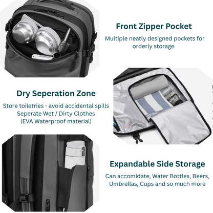Backpack with front zipper pocket, dry separation zone, and expandable side storage features.