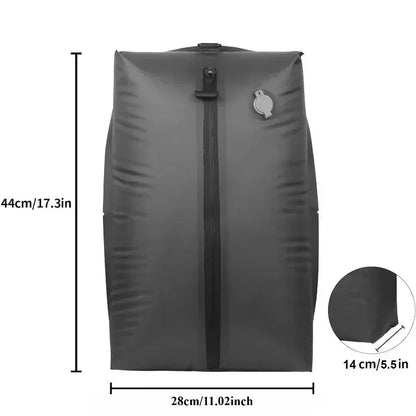Gray backpack with dimensions indicated on a white background