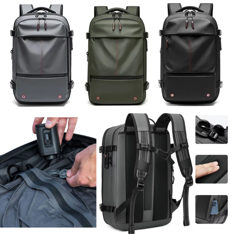 Collage of a black backpack with various angles and features highlighted.
