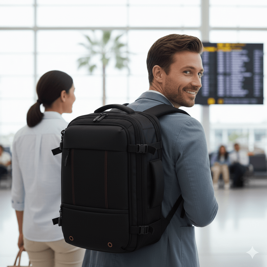 Man wearing gearapt backpack smiling and walking through the airport