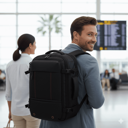 Man wearing gearapt backpack smiling and walking through the airport