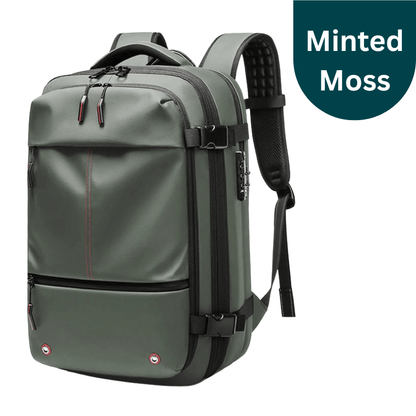 Green backpack with 'Minted Moss' label on a white background