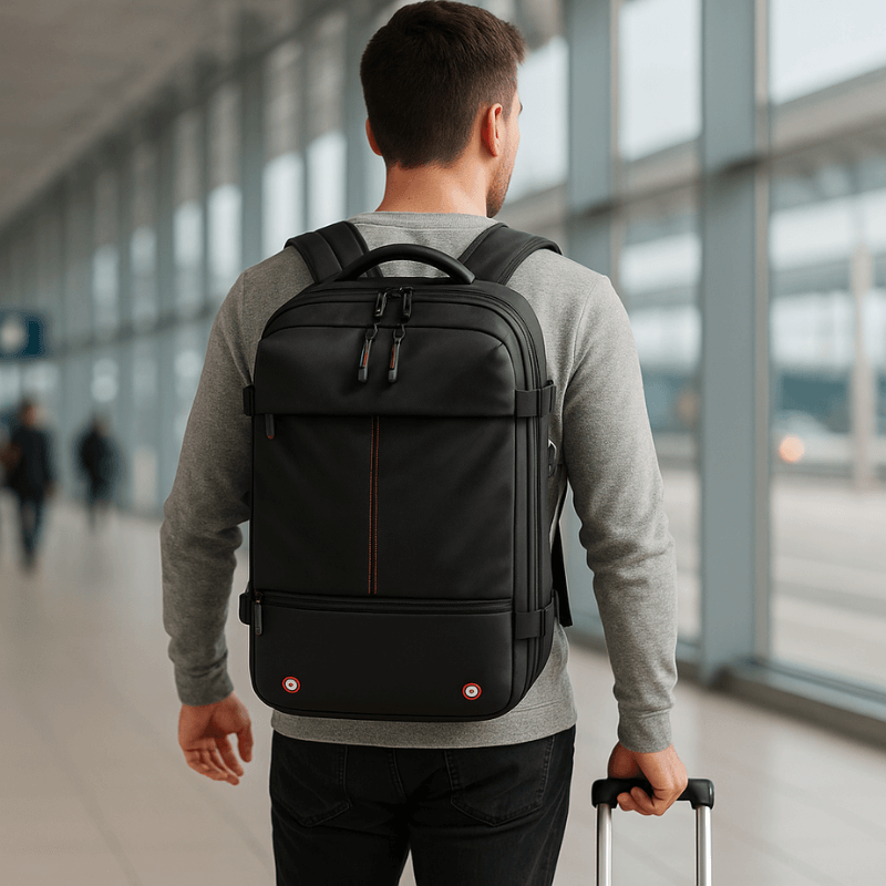 Man with a black backpack walking through an airport terminal.