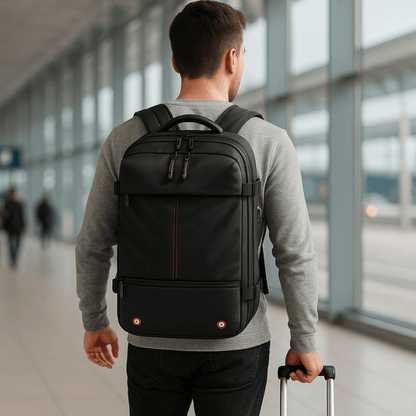 Man with a black backpack walking through an airport terminal.