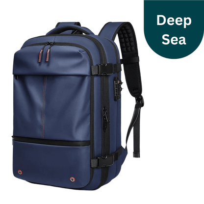 Blue backpack with black straps on a white background, labeled 'Deep Sea'.