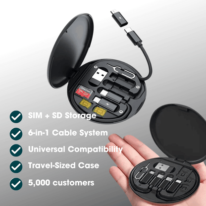 Black travel-sized case with SIM and SD storage components, held in a hand, on a light gray background.