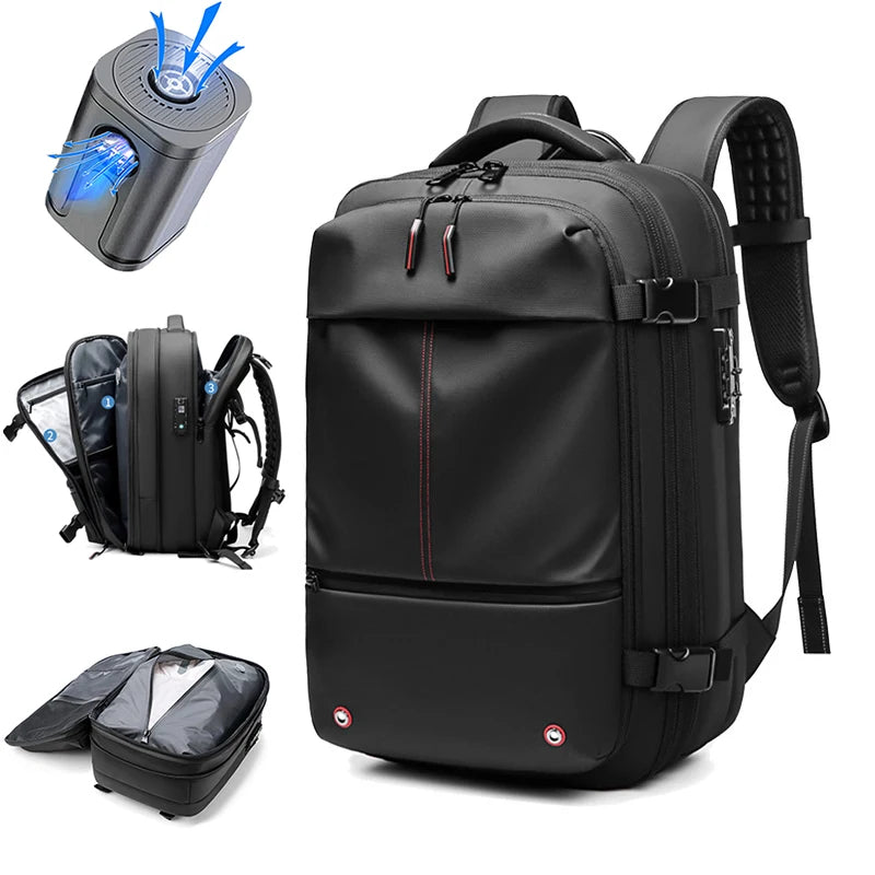 Black backpack with additional accessories on a white background
