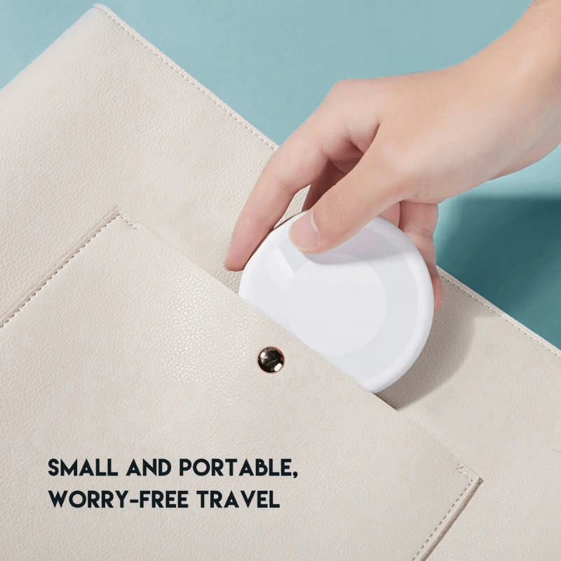 Hand placing a small white device into a beige pocket with text 'Small and portable, worry-free travel'.