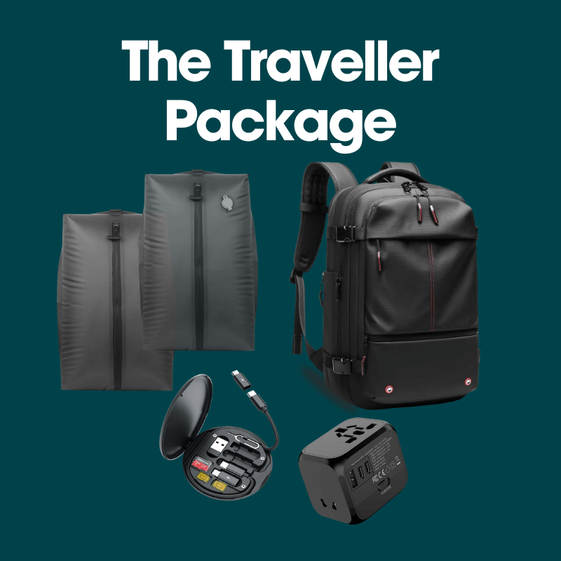 Collection of travel accessories including backpacks, a power adapter, and travel items on a teal background with 'The Traveller Package' text.