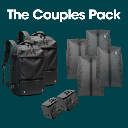 Collection of black backpacks, bags, and power adapters with 'The Couples Pack' text on a teal background.