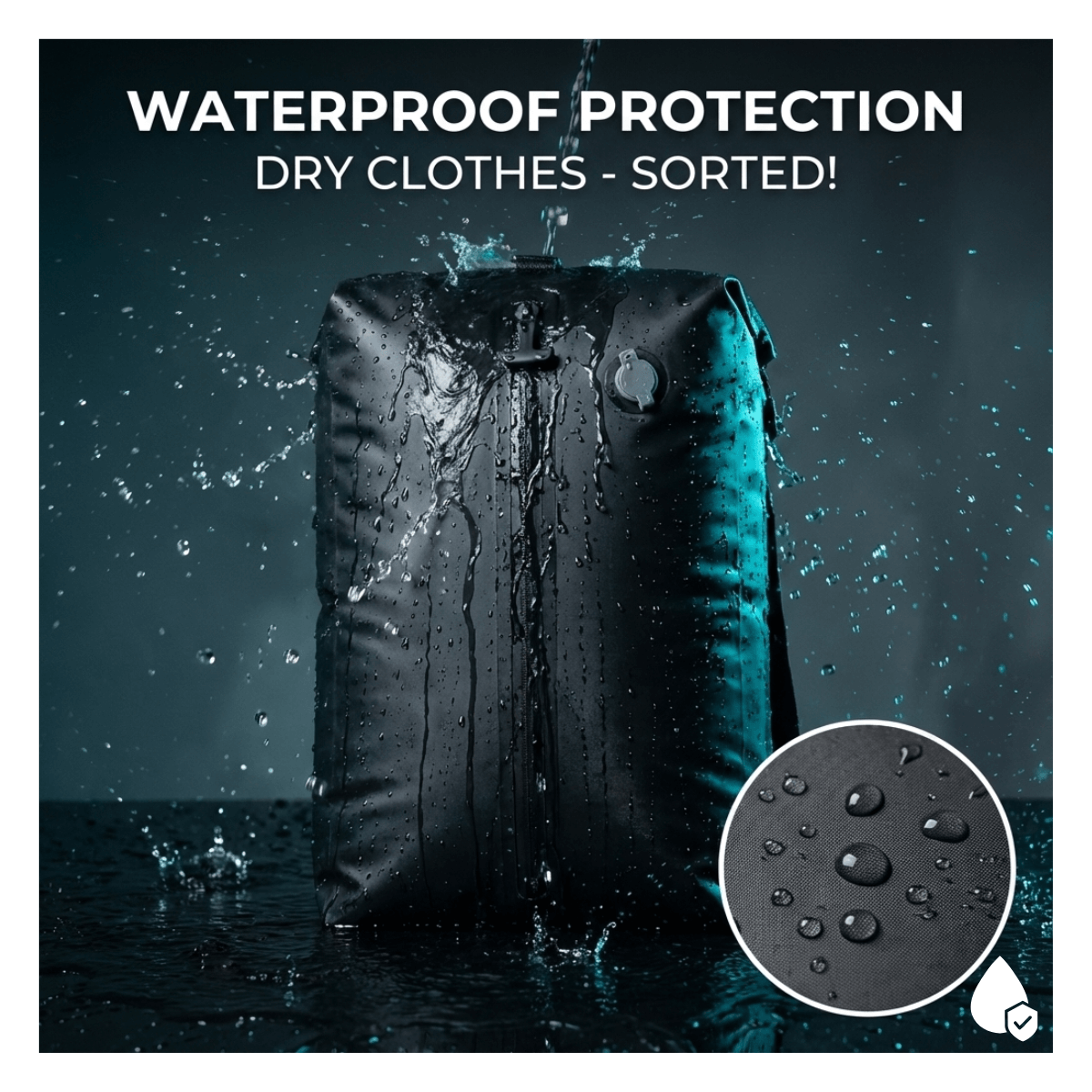 Black waterproof bag with water droplets on a dark background, emphasizing waterproof protection.