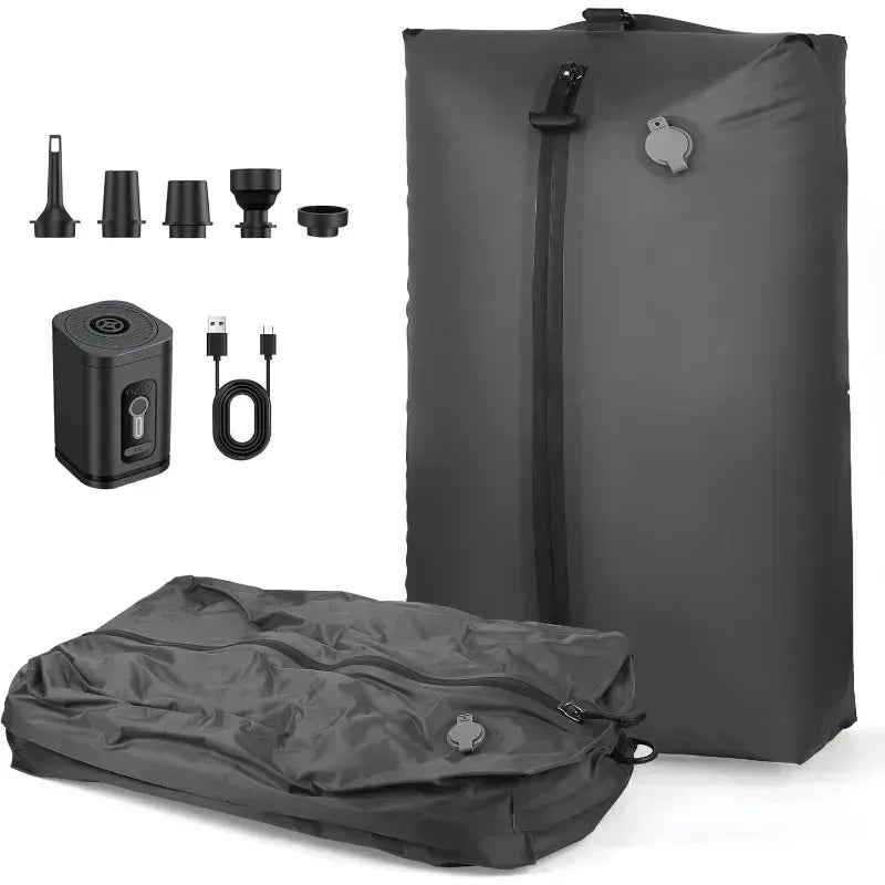 Set of gray inflatable bags with accessories on a white background