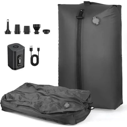 Set of gray inflatable bags with accessories on a white background