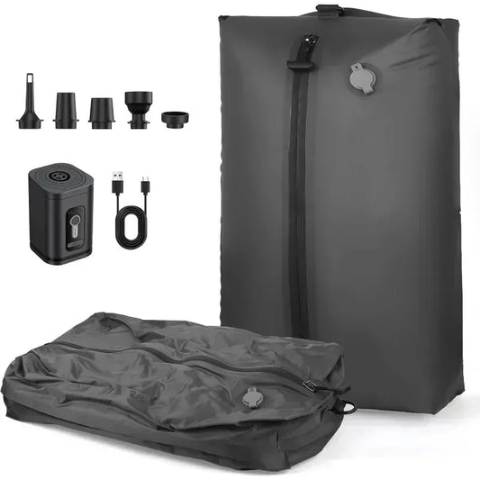 Set of gray inflatable bags with accessories on a white background